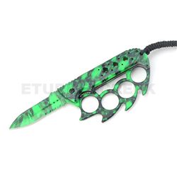 Skull Camo Coated Knuckle Knife Spring Assist 5" Closed Green