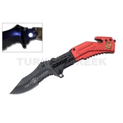 Fire Fighter Rescue Folder Spring Assist Knife LED Light 4.5" Red