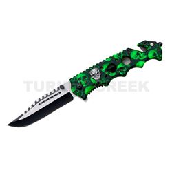 " ZOMBIE " Skull Handle Action Assist Knife Green Skull Camo