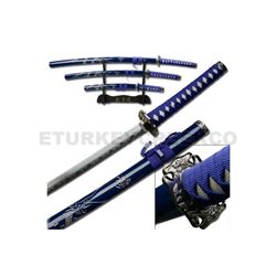3 Pcs Samurai Sword Set - Blue Carved Dragon on Scabbard