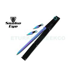 2pc Ninja Sword Set Rainbow Finish with Kunai Throwers 28"