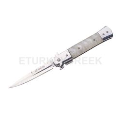 Italian Style Stiletto Folding Knife White Pearl Handle 5"