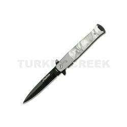 Stiletto Style Folding t knife W/ White Pearl Handle