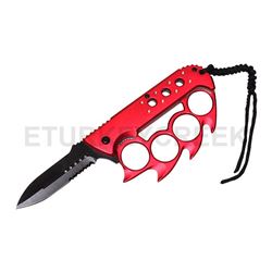 RED KNUCKLE HANDLE SPRING ASSISTED KNIFE WITH LANYARD