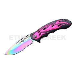 Flames Biker Design Spring Assist Knife 4.5" Closed Pink