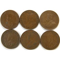 Canada Cent 1922-1931 6 pieces VF or up