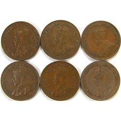 Canada Cent 1922-1931 6 pieces VF or up