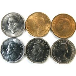 Canada 5 Cents 1940-55, 6 pieces Unc