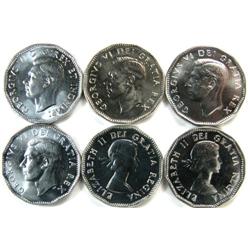 Canada 5 Cents 1944-54, 6 pieces Ch Unc