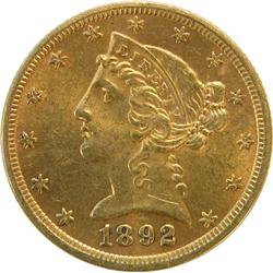 USA Five Dollars Gold 1892 AU-Unc