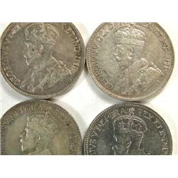 Canada 25 Cents 1912-19 4 pieces, VF-EF