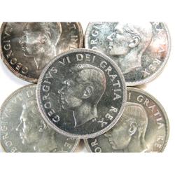 Canada Silver Dollar 1939-52 5 pcs Unc