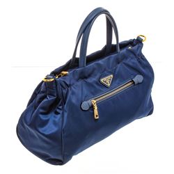 Prada Blue Nylon Leather Shoulder Handle Tote Bag