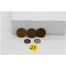 Set of 5 nickels - 3 bronze nickels( 1942&1943) and 2 silver (1906&1912)