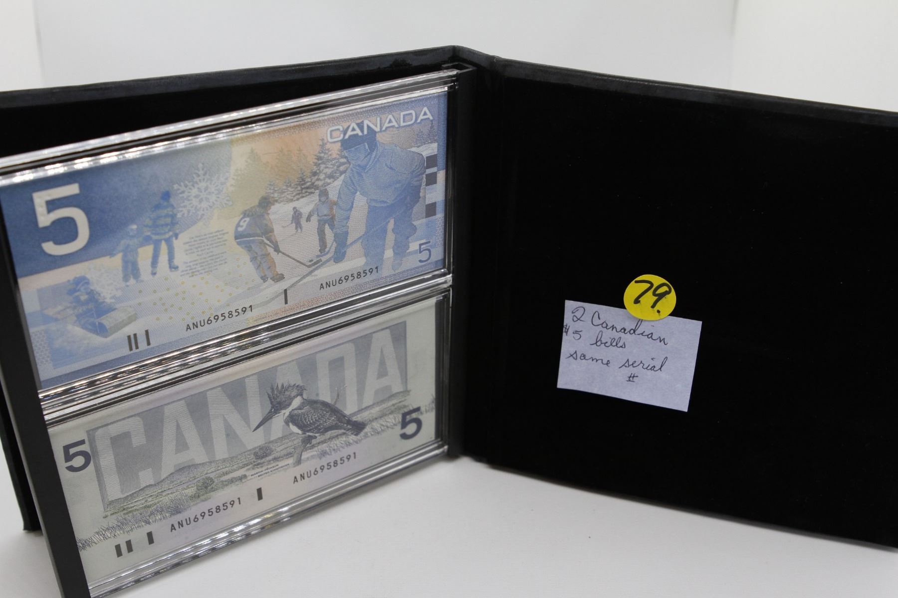 2 Canadian 5 bills uncirculated with same serial number