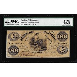 1861 $100 State of Florida Tallahassee Cr.2 Obsolete Note PMG Choice Uncirculated 63