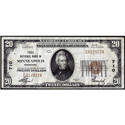 1929 $20 National Bank of Minneapolis, Minnesota CH# 710 National Currency Note