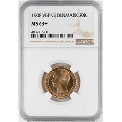 1908 VBP GJ Denmark 20 Kroners Gold Coin NGC MS63+