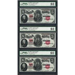 (3) Consecutive 1907 $5 Woodchopper Legal Tender Note PMG Choice Uncirculated 64EPQ