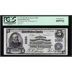 1902PB $5 Citizens NB of Washington, PA CH# 3383 National Currency Note PCGS XF40PPQ