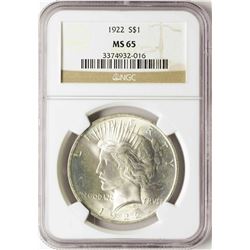 1922 $1 Peace Silver Dollar Coin NGC MS65