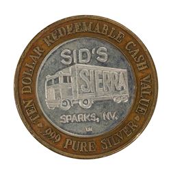 .999 Silver Sierra Sids Sparks, Nevada $10 Casino Limited Edition Gaming Token