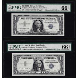 (2) Consecutive 1957B $1 Silver Certificate Notes Mismatch Serial Numbers PMG Gem Unc. 66EPQ