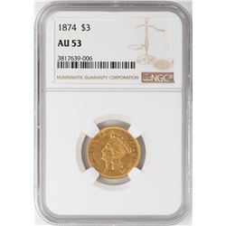 1874 $3 Indian Princess Head Gold Coin NGC AU53
