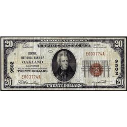 1929 $20 Central NB of Oakland, CA CH# 9502 National Currency Note
