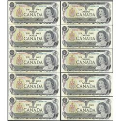 Lot of (10) Consecutive 1973 $1 Bank of Canada Notes - Uncirculated