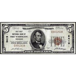 1929 $5 First NB of Port Washington, Wisconsin CH# 9419 National Currency Note