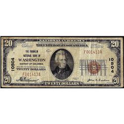 1929 $20 Franklin NB of Washington, D.C. CH# 10504 National Currency Note