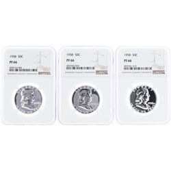 Lot of (3) 1958 Proof Franklin Half Dollar Coins NGC PF66