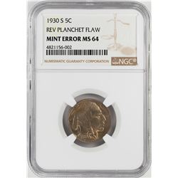 1930-S Buffalo Nickel Coin Reverse Planchet Flaw Error NGC MS64