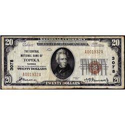 1929 $20 The Central National Bank of Topeka, Kansas CH# 3078 National Currency Note