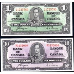 Canada 1937 One and Ten Dollars, AU-Unc