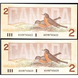 Canada 1986 $2 BC-55a, two Consec Unc