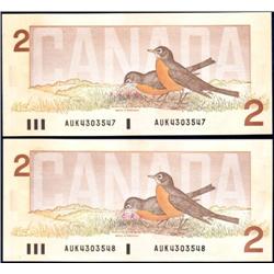 Canada 1986 $2 BC-55a, two Consec Unc