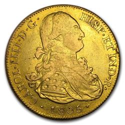 1805 PTS PJ Bolivia Gold 8 Escudos Charles IIII VF