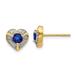 14k Yellow Gold .104ct Diamond & Sapphire Heart Earrings - 8 mm