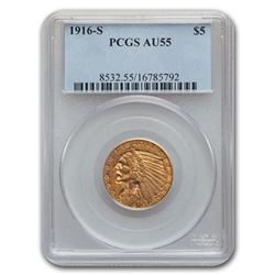 1916-S $5 Indian Gold Half Eagle AU-55 PCGS