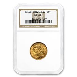 1949-B Switzerland Gold 20 Francs Helvetia MS-67 NGC