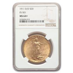 1911-D/D $20 Saint-Gaudens Gold Double Eagle MS-64+ NGC (FS-501)