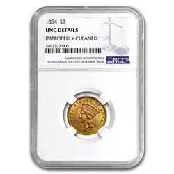 1854 $3 Gold Princess Unc Details NGC (Cleaned)