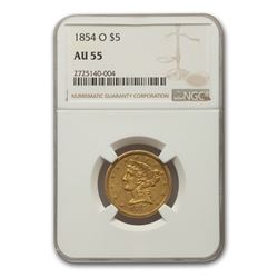 1854-O $5 Liberty Gold Half Eagle AU-55 NGC