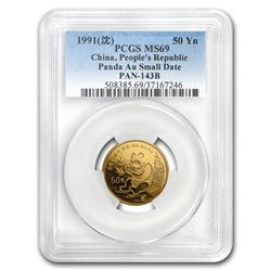 1991 China 1/2 oz Gold Panda MS-69 PCGS (Small Date)