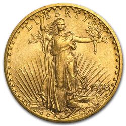 1908-D $20 Saint-Gaudens Gold Double Eagle No Motto AU