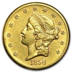 1858-S $20 Liberty Gold Double Eagle AU Details (Cleaned)