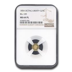 1854 Liberty Octagonal 25 Cent Gold MS-64 NGC (PL\, BG-109)