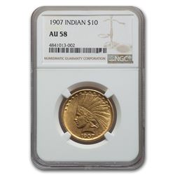 1907 $10 Indian Gold Eagle No Motto AU-58 NGC